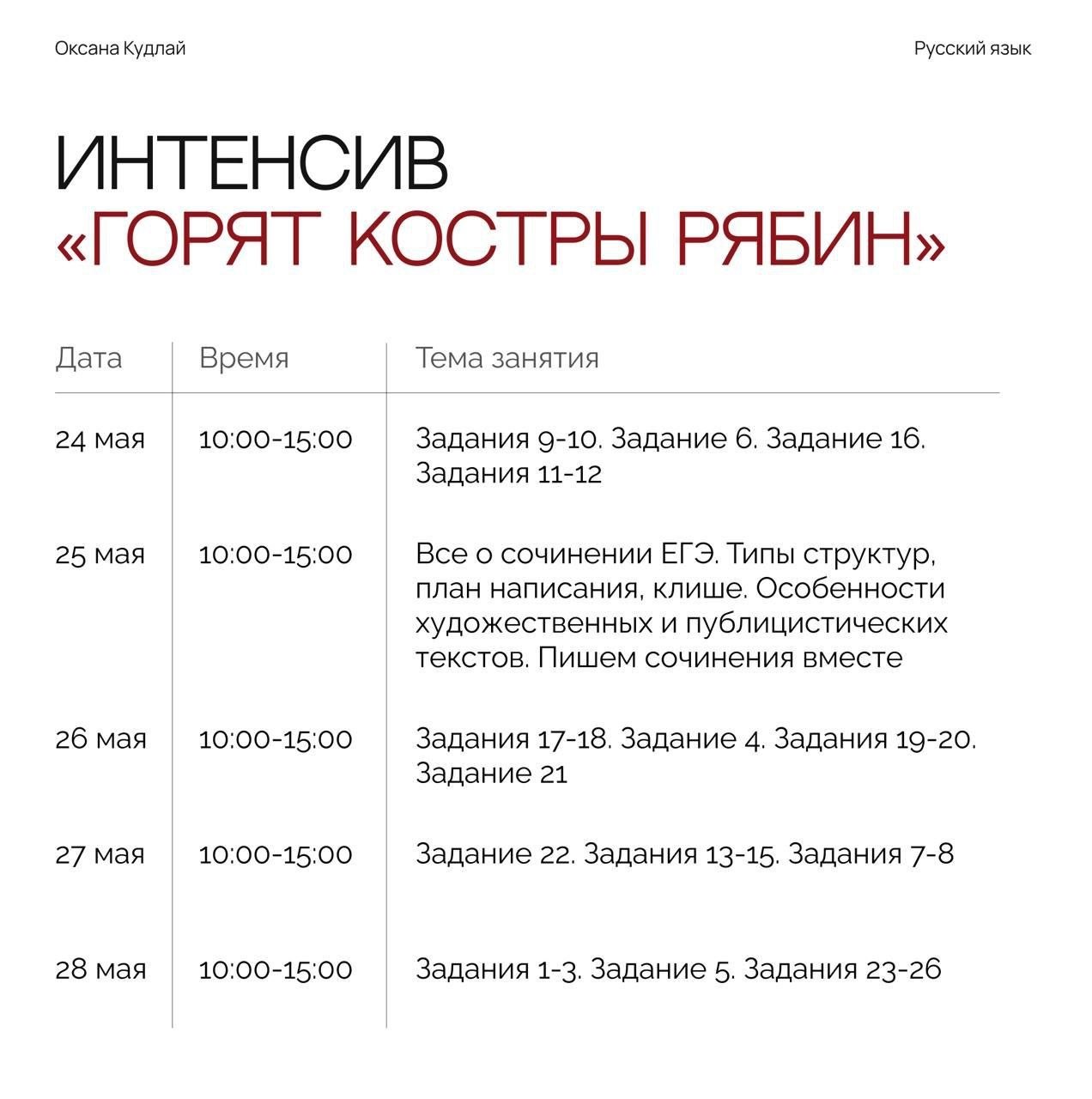 Расписание курса Оксана Кудлай